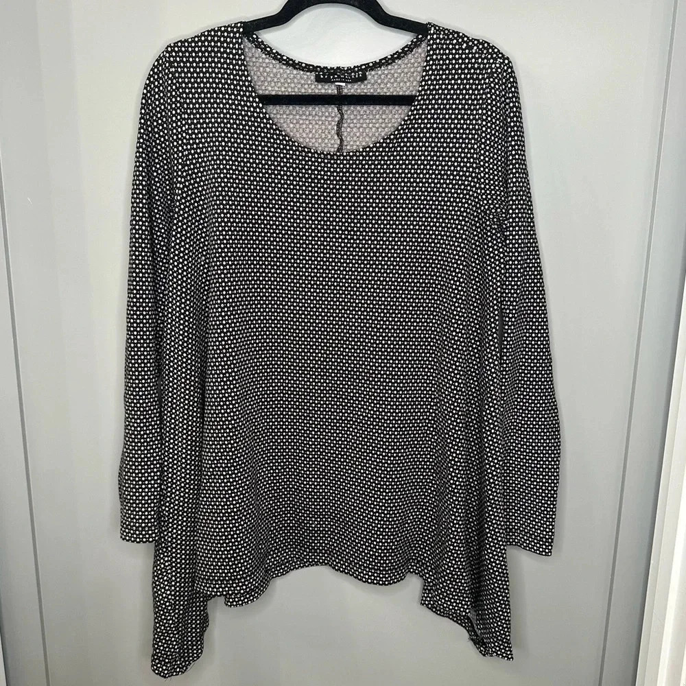 Bryn Walker Asymmetrical Tunic Top Scoop Neck Black and White Polka Dot Size M